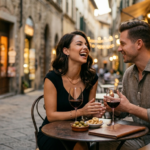 A young couple sharing an honest, intimate conversation over wine in Italy before exploring the lifestyle