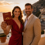 Elegant couple on a Positano terrace at sunset holding the Italian Swingers Passport