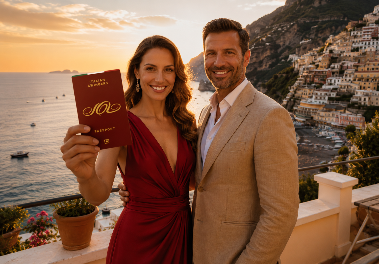Elegant couple on a Positano terrace at sunset holding the Italian Swingers Passport
